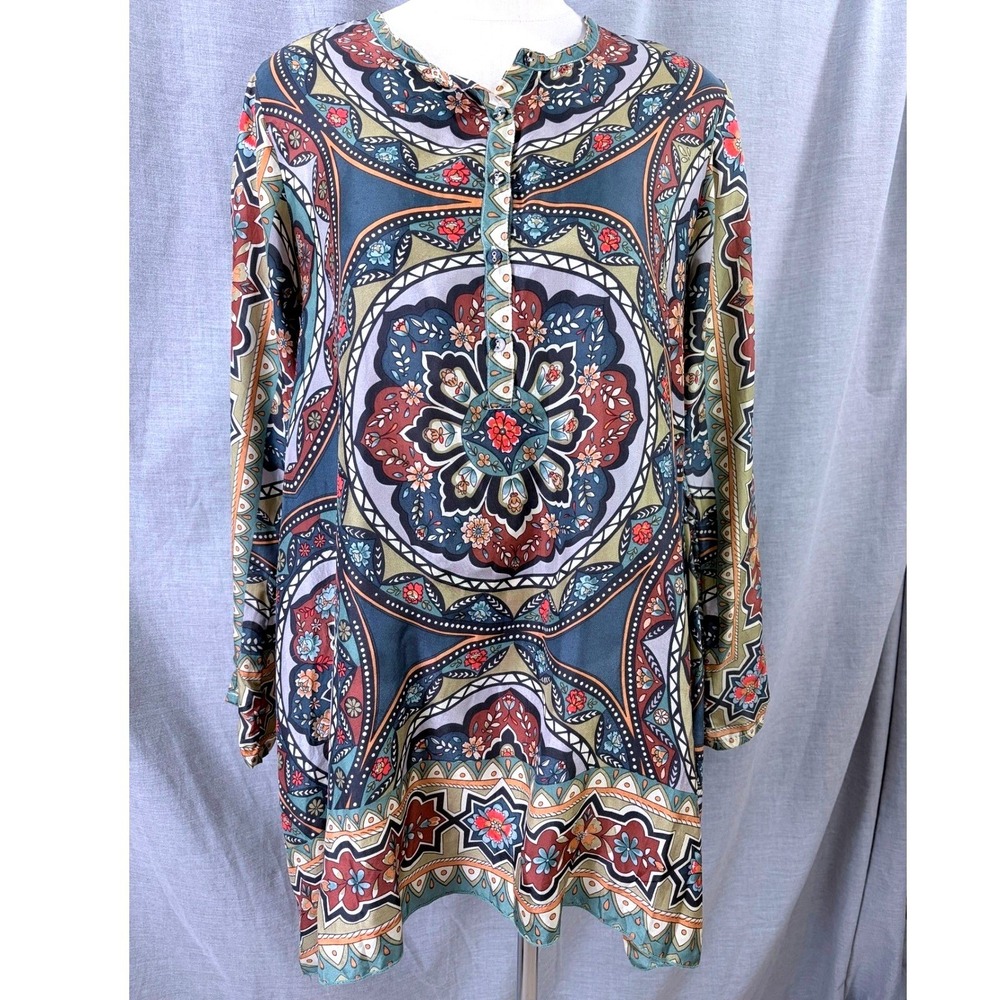 Johnny Was Womens Silk Medallion Print Roll Tab Sleeve Tunic Top Teal XS